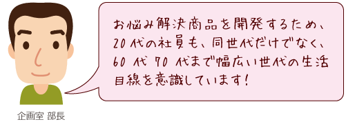 お悩み解決商品を開発するため、20代の社員も、同世代だけでなく、60代70代まで幅広い世代の生活目線を意識しています！